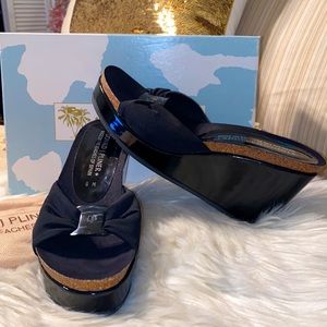 Donald J Pliner Bapri Black Mesh Elastic/Patent Wedge Size 8